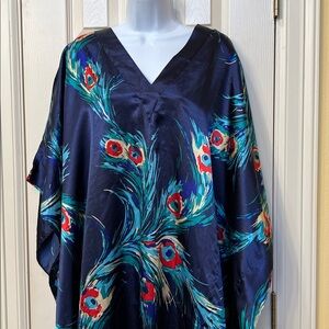 Winlar Womens Navy Blue Peacock Feather Satin Caftan Sz OS Artsy Resort Cruise